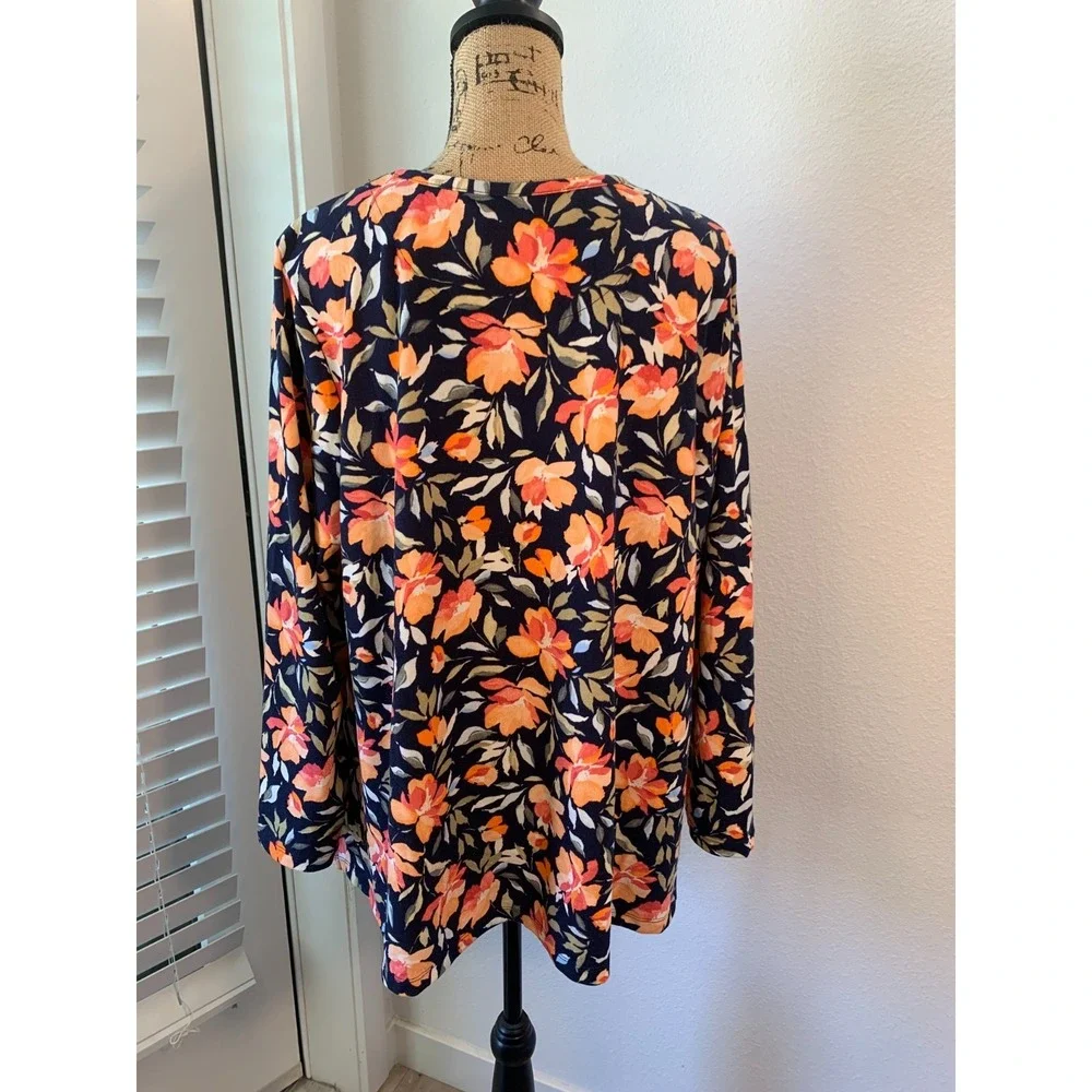 (F-185)Denim & Co Floral Tunic Top Women's Petite XL Navy Orange Long Sleeve QVC